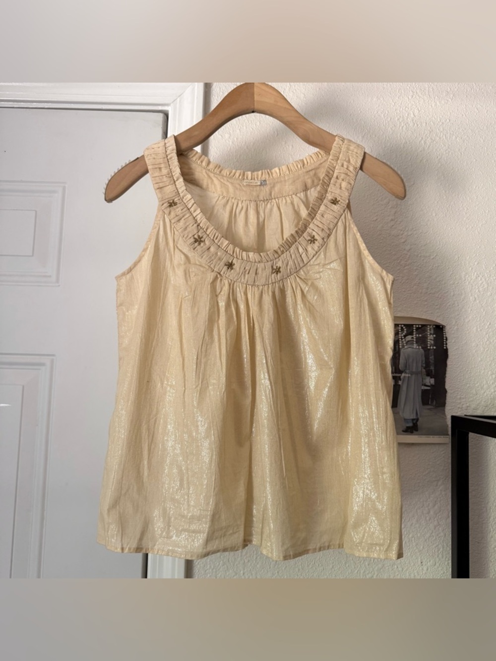 MATTA cream cotton beaded waxed shiny ruffle collar‎ cropped tank top blouse